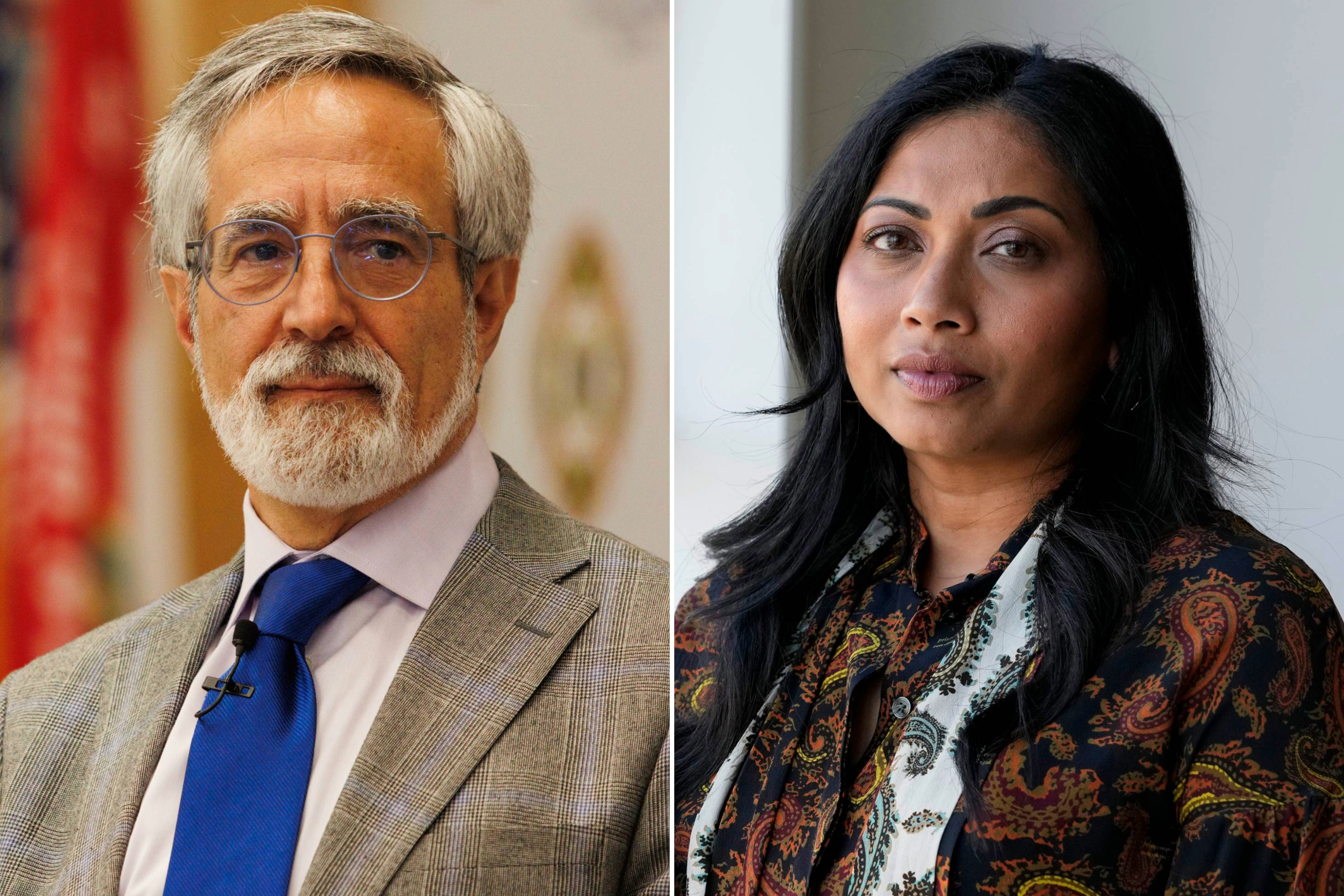 The image shows two people side-by-side. On the left, an older man with glasses and a beard wears a suit and tie. On the right, a woman with long dark hair wears a patterned blouse.